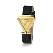 GUESS Ladies 34mm Watch – Gold-Tone Case, Champagne Dial, and Black Strap