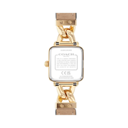 Coach Cass Women's Square Quartz Watch – Gold-Tone Case with Saddle Leather Strap