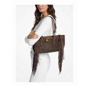 Michael Kors Hamilton Moderne Small Shoulder Tote – Antique Gold-Tone Hardware/Fringe Suede/Chocolate