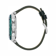 GUESS Gc Green Leather Chronograph Watch – Swiss Made Silver-Tone Case with Crocodile Pattern Strap