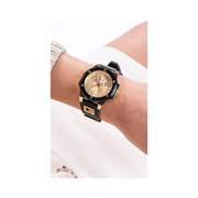 GUESS Ladies 38mm Two-Tone Watch | Black Silicone Strap & Champagne Dial
