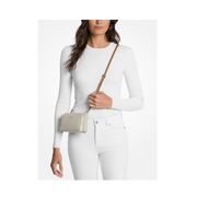 Michael Kors Jet Set Large Continental Crossbody Wallet – Gold-Tone Hardware / MK Signature Coated Twill / Vanilla/Acorn