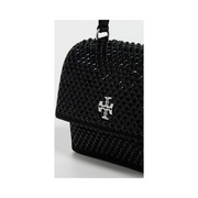 Tory Burch Kira Satin Embellished Mini Top Handle Wallet on Chain – Black Rhinestone Accent, Silver Hardware
