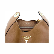 Prada Women's Tan Leather Medium Crossbody Bag – Web Stripe Strap, Designer Handbag 1BC166