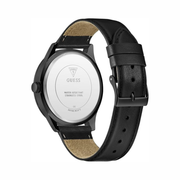 GUESS Black Leather Analog Watch – 44mm Case, Diamond-Pattern Dial, Genuine Leather Strap