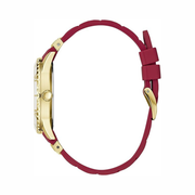 GUESS Women’s Gold-Tone Red Silicone Watch | 38mm Multifunction White Dial | Stain-Resistant Strap & Quartz Analog Movement