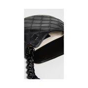 Tory Burch Fleming Mini Crescent Bag – Black Quilted Leather, Chunky Chain Handle, Adjustable Strap