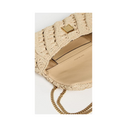 Tory Burch Kira Crochet Mini Flap Bag – Natural Leather with Gold Hardware & Adjustable Chain Strap