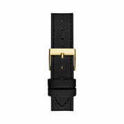 GUESS Ladies 34mm Watch – Gold-Tone Case, Champagne Dial, and Black Strap