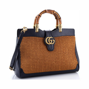 Gucci Pre-Loved Dahlia Bamboo Top Handle Tote – Medium Straw & Leather, Blue