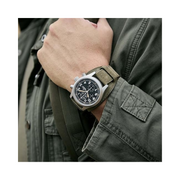 Hamilton Khaki Field Auto Chronograph – Swiss Made, 44mm Stainless Steel Case, Black Dial, Green Leather Strap