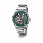GUESS Silver-Tone Chronograph Watch with Green Bezel & Multifunction Subdials