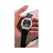 GUESS Men’s 42mm Square Case Watch | Silver-Tone Dial & Black Silicone Strap