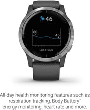 Garmin vivoactive 4 GPS Smartwatch – Music, Body Energy Monitoring, Animated Workouts, Pulse Ox, Silver with Gray Band