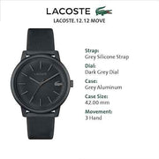 Lacoste 12.12 Move Men’s Quartz Watch – Aluminum Case, Silicone Strap, Petit Piqué Dial Texture – 43mm