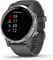 Garmin vivoactive 4 GPS Smartwatch – Music, Body Energy Monitoring, Animated Workouts, Pulse Ox, Silver with Gray Band