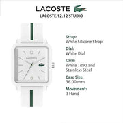 Lacoste 12.12 Studio Men’s Quartz Watch – White Square Case, Silicone Strap, Sporty Modern Design, 43mm