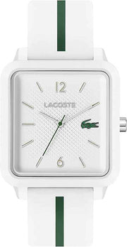 Lacoste 12.12 Studio Men’s Quartz Watch – White Square Case, Silicone Strap, Sporty Modern Design, 43mm
