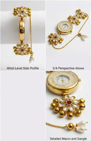 Kashmiri Kundan Wristwatch for Women | Ethnic Floral Bracelet Watch, Meenakari Work, Pearl Tassels