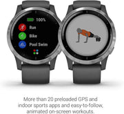 Garmin vivoactive 4 GPS Smartwatch – Music, Body Energy Monitoring, Animated Workouts, Pulse Ox, Silver with Gray Band
