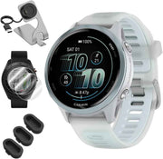 Garmin Forerunner 570 GPS Smartwatch (42mm, Whitestone/Blue Band, Aluminum) | Advanced Training Features, Music, SATIQ Multi-Band GPS | Bundle with Charging Dock, Dust Covers & Screen Protectors