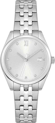 Lacoste Tuilerie Women’s Quartz Watch – 32mm Stainless Steel Case, Plissé-Textured Dial, Five-Link Bracelet, Crystal Indexes, Silver