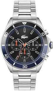 Lacoste Tiebreaker Men’s Chronograph Watch – Silver/Black Stainless Steel, 44mm, Sporty Tennis-Inspired Timepiece