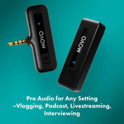 Movo Wireless Mini Camera Microphone for Video Recording- 2.4Ghz Wireless Transmitter with Clip on Lavalier Microphone for DSLR, Mirrorless Camera- Compact Lapel Mic (164FT Range, 10-Hr Battery Life)