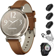 Garmin Lily 2 Classic Smartwatch Bundle – Cream Gold with Tan Leather Band, Fitness & Health Tracking, 1” Touchscreen, Up to 5 Days Battery