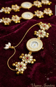 Kashmiri Kundan Wristwatch for Women | Ethnic Floral Bracelet Watch, Meenakari Work, Pearl Tassels