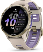 Garmin Forerunner 970 Running Smartwatch – GPS Fitness Watch for Men & Women, Soft Gold Titanium with French Gray/Translucent Indigo Band – Bundle with P-Bank & Accessories