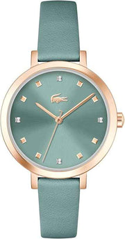 Lacoste Riga Women’s 3H Quartz Watch – 34mm Sea Green Crystal Dial, Rose Gold Stainless Steel Case, Leather Strap, Water Resistant 50M – Elegant Minimalist Timepiece