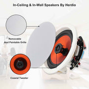 Herdio 6.5'' Bluetooth in Wall in Ceiling Speakers 600W 2-Way Flush Mount Speakers System with Wall Amplifier Receiver for Home Theater Office (2Pairs, Paintable-Grille)