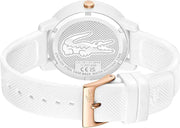 Lacoste 12.12 Women’s Multifunction Quartz Watch – Carnation Gold Dial, White Silicone Strap, Day-Date-24H Subdials, 36mm – Sporty Chic Timepiece