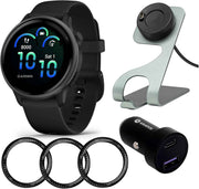 Garmin Vivoactive 6 GPS Smartwatch (Slate with Black Band, 40mm) – Bundle with 45W 2-Port Car Charger, Portable Charging Stand & Tempered Glass Protector (4 Items)