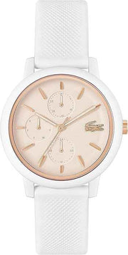 Lacoste 12.12 Women’s Multifunction Quartz Watch – Carnation Gold Dial, White Silicone Strap, Day-Date-24H Subdials, 36mm – Sporty Chic Timepiece