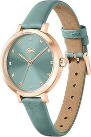 Lacoste Riga Women’s 3H Quartz Watch – 34mm Sea Green Crystal Dial, Rose Gold Stainless Steel Case, Leather Strap, Water Resistant 50M – Elegant Minimalist Timepiece