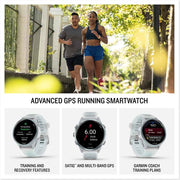 Garmin Forerunner 570 GPS Smartwatch (42mm, Whitestone/Blue Band, Aluminum) | Advanced Training Features, Music, SATIQ Multi-Band GPS | Bundle with Charging Dock, Dust Covers & Screen Protectors
