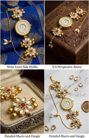 Kashmiri Kundan Wristwatch for Women | Ethnic Floral Bracelet Watch, Meenakari Work, Pearl Tassels