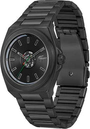 Lacoste Reno Men’s Quartz Watch – 42mm Black Ionic Plated Stainless Steel Case, Transparent Silicone Strap, Skeleton Dial, Water Resistant 50m