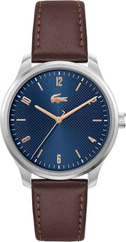 Lacoste Lisbon Men’s 3H Quartz Watch – Stainless Steel Case, Navy Dial & Brown Leather Strap – Classic & Modern 42mm Timepiece