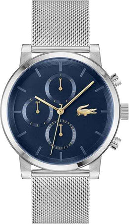 Lacoste Replay Men’s Multifunction Quartz Watch – Stainless Steel Case, Blue Dial with Silver Mesh Bracelet, 5 ATM Water Resistant, 43mm