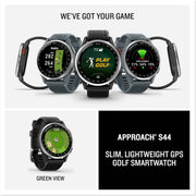 Garmin Approach S44 Golf GPS Smartwatch – Silver Aluminum Bezel with Black Silicone Band
