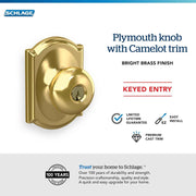 Schlage F51A PLY 605 CAM Plymouth Knob with Camelot Trim Keyed Entry Lock, Bright Brass