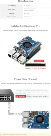 PoE HAT (F) for Raspberry Pi 5 / CM 5, 802.3af/at Compliant, High Power Output, Active Cooling Fan, Metal Heatsink, 5V/12V Header, Stackable Design