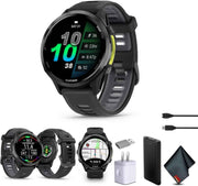 Garmin Forerunner 970 Running Smartwatch, GPS Fitness Watch – Carbon Gray DLC Titanium with Black/Whitestone Band Bundle