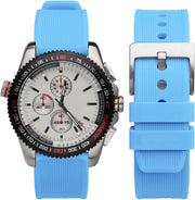 WOCCI 24mm Striped Silicone Watch Band, Replacement Strap with Brushed Silver Buckle (Blue)
