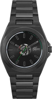 Lacoste Reno Men’s Quartz Watch – 42mm Black Ionic Plated Stainless Steel Case, Transparent Silicone Strap, Skeleton Dial, Water Resistant 50m