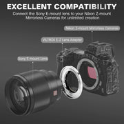 VILTROX E-Z Auto Focus Lens Mount Adapter Ring, for Sony E-Mount to Nikon Z-Mount Camera, Black