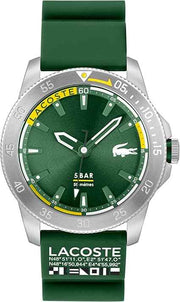 Lacoste Regatta Men’s Quartz Watch – 46mm Stainless Steel Case, Green Dial, Silicone Strap, Sporty Water-Resistant Design